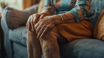 A woman's silent struggle with knee arthritis, visibly pained on a sofa, in a powerful close-up - obrazy, fototapety, plakaty
