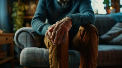 A stark portrayal of arthritis agony, a man's hand clutching his knee in pain, solitude on his indoor couch