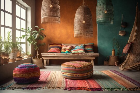 orange and teal boho style interior design ai generated art