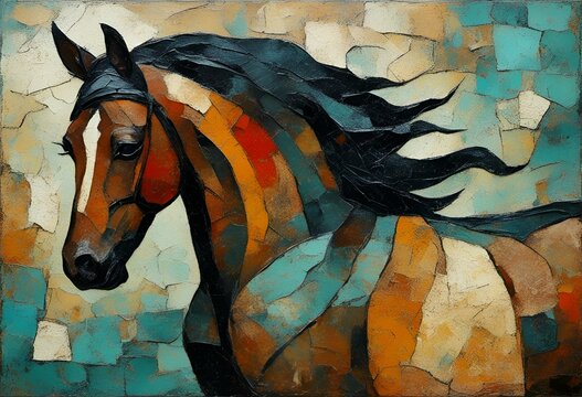 AI generated illustration of a horse painted in a colorful mosaic design