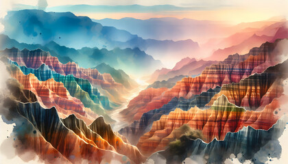 Photo real as Canyon Colors A watercolor palette of a canyon layered rock formations. in nature and landscapes theme ,for advertisement and banner ,Full depth of field, high quality ,include copy spac - obrazy, fototapety, plakaty