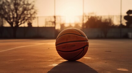 AI generated illustration of a basketball at a court in a playground during the sunset - obrazy, fototapety, plakaty