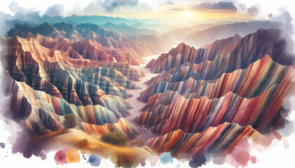 Photo real as Canyon Colors A watercolor palette of a canyon layered rock formations. in nature and landscapes theme ,for advertisement and banner ,Full depth of field, high quality ,include copy spac - obrazy, fototapety, plakaty