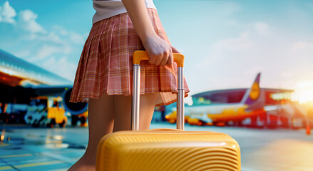 Legs of young woman with suitcase