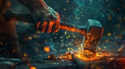 A craftsman's hand wielding a hammer, mid-strike on a glowing forge, sparks flying. Emphasis on strength and precision