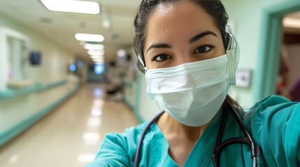 A compassionate nurse in bright, sanitized hospital settings, taking a close-up selfie with a white mask and stethoscope, embodying care and professionalism - obrazy, fototapety, plakaty