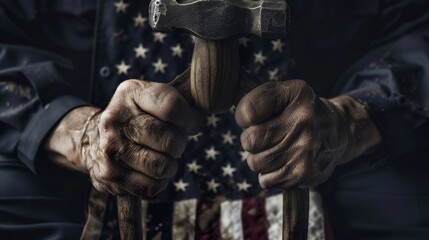 A close-up of hands wielding a hammer, wrapped in the flag, embodying the power of justice and law enforcement