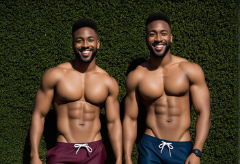 Identical twin African American men smiling with toned physiques in swim shorts against a lush green hedge, symbolizing health, fitness, and summer vibes
