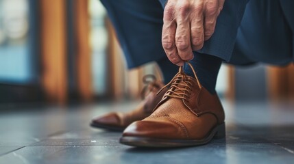 A businessman meticulously tying his shoe laces, hands in focus, representing the precision and readiness for challenges ahead - obrazy, fototapety, plakaty