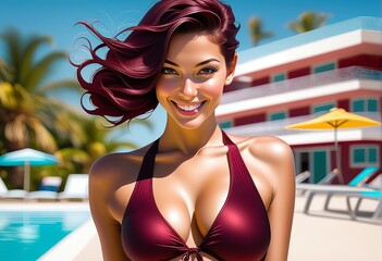 Vibrant illustration of a smiling woman in a bikini at a luxurious poolside setting, ideal for travel and summer holiday themes
