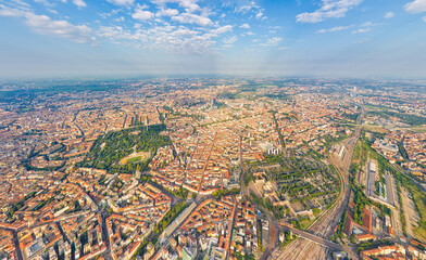 Milan, Italy. Panorama of the central part of the city. Summer day with clouds. Aerial view