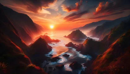 Deurstickers Photo real as Coastal Sunrise Dawn breaks over coastal cliffs painting the sky with morning hues. in nature and landscapes theme ,for advertisement and banner ,Full depth of field, high quality ,inclu © Gohgah