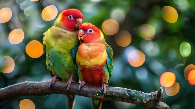 A pair of lovebirds perched on a branch, preening each other's feathers with tenderness and affection.