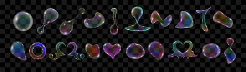 Big set of soap bubbles with refraction and glare on a transparent background. Vector illustration