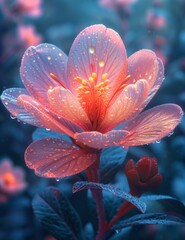 AI generated illustration of a glowing orange flower with dew drops on its petals