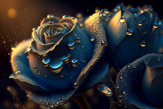 three blue roses with water drops sitting on them of them - Powered by Adobe