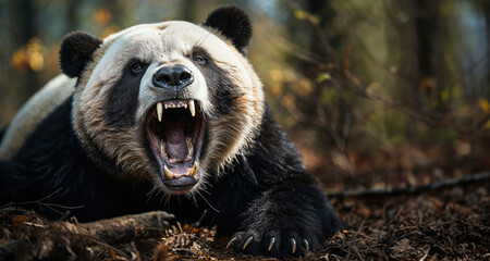 Fierce Panda Bear Growling in a Natural Forest Setting - 779551106