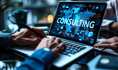 Business consultant analyzing digital icons representing key consulting services, strategy, target setting, team management, data analytics, advisory role in guiding organizations towards success - obrazy, fototapety, plakaty