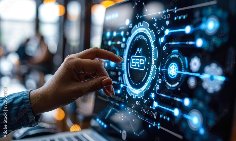 Poster executive implementing cloud-based erp system for business management efficiency through a smart int