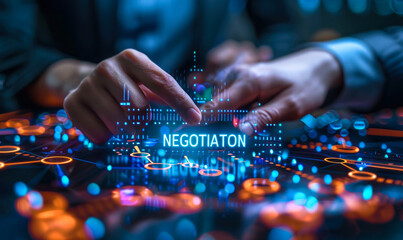 Business Executive Projecting Virtual Negotiation Icon Signifying the Importance of Communication and Agreement in Deal-Making - obrazy, fototapety, plakaty
