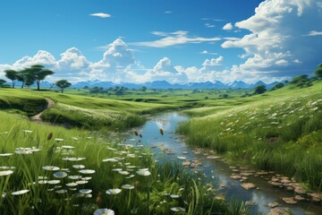 an illustration of an animated looking valley with grass and water