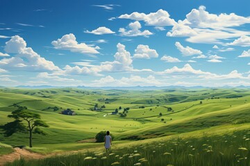 Fototapeta na wymiar a girl in white dress walking in grassy green hills with some trees