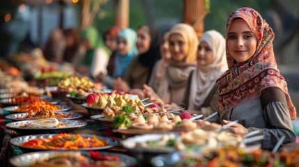 Rolgordijnen Muslim women gathering for Iftar during Ramadan with festive dishes © Robert Kneschke