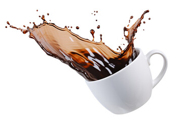 Liquid cofee spilling/splashing out from a white cup/mug isolated on white background. - obrazy, fototapety, plakaty