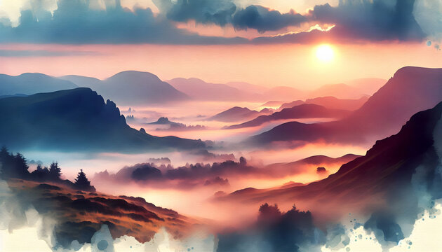 Photo real as Highland Hues A watercolor dawn breaking over misty highlands. in nature and landscapes theme ,for advertisement and banner ,Full depth of field, high quality ,include copy space on left