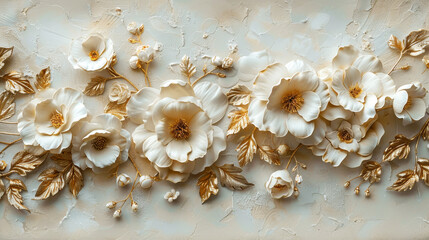 Elegant floral bas-relief on plaster wall with a luxury texture design - obrazy, fototapety, plakaty
