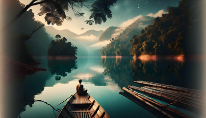 Photo real as Lake Serenity A serene lake reflects the calmness of nature embrace. in nature and landscapes theme ,for advertisement and banner ,Full depth of field, high quality ,include copy space o
