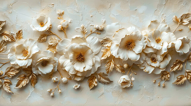 Elegant floral bas-relief on plaster wall with a luxury texture design