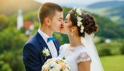 Bride and groom kissing each other at their wedding day, a couple in love, romance