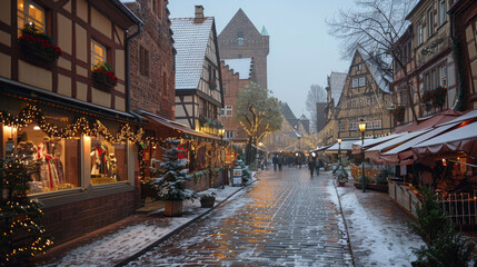 Fototapeta na wymiar Christmas market in Nuremberg, Germany with festive lights and snow