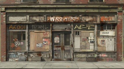  front view, facades, boarded windows, broken windows, graffiti