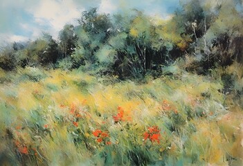 AI generated illustration of a summer field painting with vibrant wildflowers
