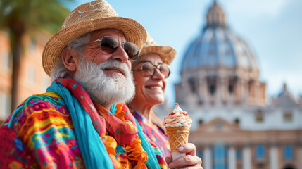 A cheerful senior man and woman eating ice cream cones with a famous cathedral in the background. Smiling Elderly Couple tourists Enjoying Ice Cream in European City