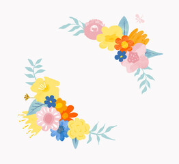 Floral wreaths of colorful beautiful flowers isolated on a white background. Vector clipart for the design of postcards, invitations, promotional materials and more