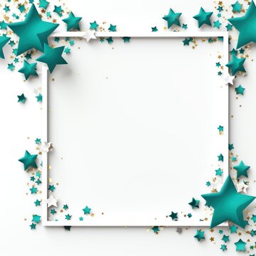 teal stars frame border with blank space in the middle on white background festive concept celebrations backdrop with copy space for text photo or presentation