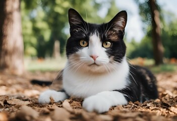 AI generated illustration of a black and white cat resting on ground foliage