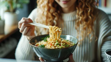 Gordijnen Woman multitasking with laptop and enjoying Asian noodle meal © Robert Kneschke