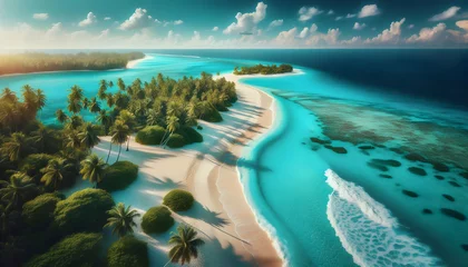 Papier Peint photo Vert bleu Photo real as Tropical Paradise A serene beach with turquoise waters and white sands. in nature and landscapes theme ,for advertisement and banner ,Full depth of field, high quality ,include copy spac