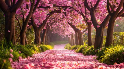 A peaceful garden path winding through blooming cherry blossom trees under a canopy of pink petals fluttering in the breeze.
