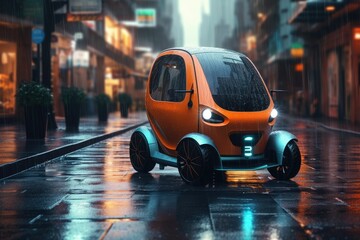 Futuristic car parked on the street under the rain.