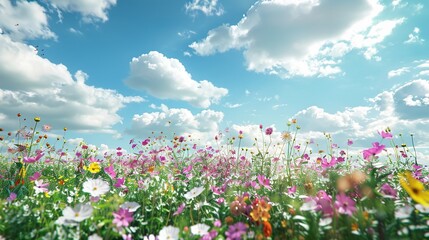 A peaceful meadow filled with blooming wildflowers under a clear sky dotted with fluffy white clouds.