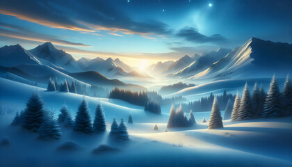 Photo real as Winter Grace Embrace the quiet beauty of snowy hills under a soft winter sky. in nature and landscapes theme ,for advertisement and banner ,Full depth of field, high quality ,include cop