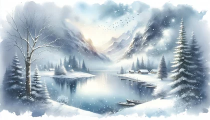 Foto auf Acrylglas Photo real as Winter Whisper A silent snowfall over a tranquil watercolor winter scene. in nature and landscapes theme ,for advertisement and banner ,Full depth of field, high quality ,include copy sp © Gohgah