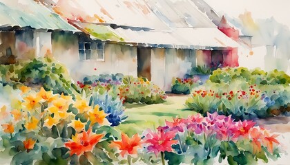 Colorful watercolor painting of a blooming garden in front of a rustic house, ideal for spring and home decor themes