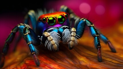 AI generated illustration of a vibrant spider with green eyes perched on a surface