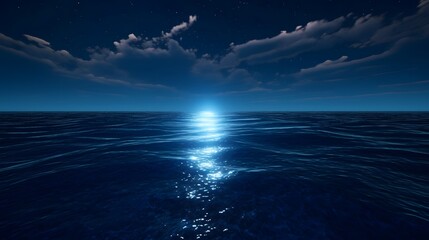 AI generated illustration of a moon shining over serene water with clouds reflecting its light